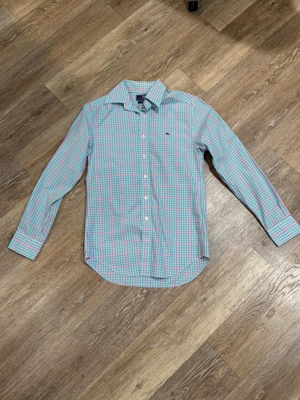 Vineyard Vines Men’s Plaid Button-Down Shirt in Teal and Pink